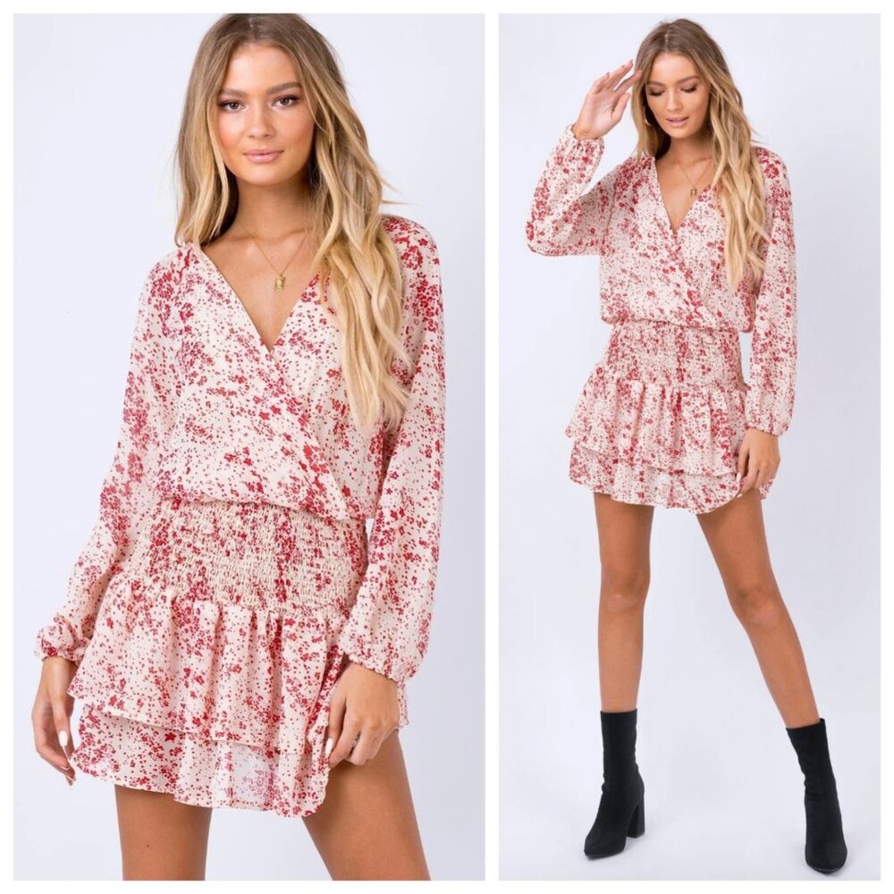 Princess Polly Altona White & Red Floral Long Sleeve Smocked Ruffle Hem Dress